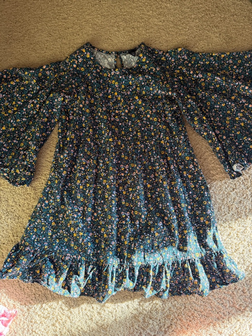 art class Navy Floral Ruffle-Hem Dress with Bell Sleeves
